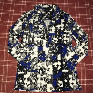 3/$15 Alfani abstract button up top long sleeve blouse blue white grey